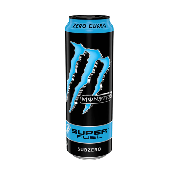 Front of Monster Super Fuel Subzero can featuring the bold logo, vibrant blue details, and indicating a 568ml pack size.