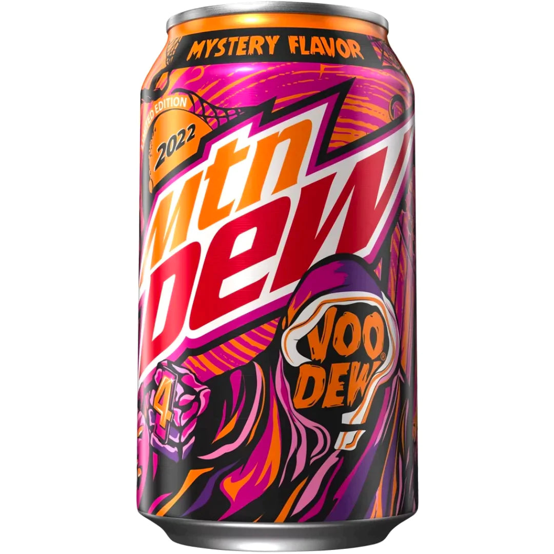Front of Mountain Dew VooDEW Mystery Flavour can featuring vibrant design, logo, and mystery flavour label (355ml can)
