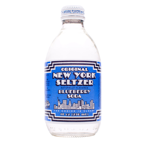 Front of Original New York Seltzer Blueberry Soda bottle featuring a blue label with 'Blueberry Soda' text and a 296ml size indication.
