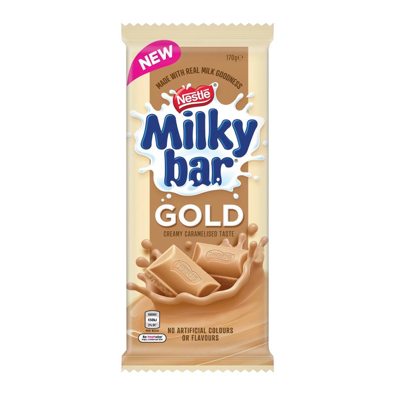 Front of Milkybar Gold chocolate bar showing light brown packaging, Milkybar logo, creamy caramelised taste label, and 170g pack size.