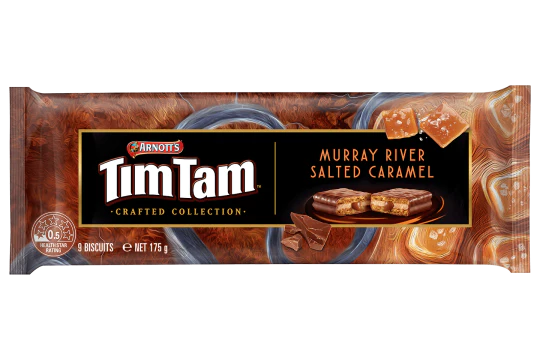 Front of Arnotts Tim Tam Murray River Salted Caramel pack showcasing the logo, rich chocolate and salted caramel biscuit images, and 175g packaging.