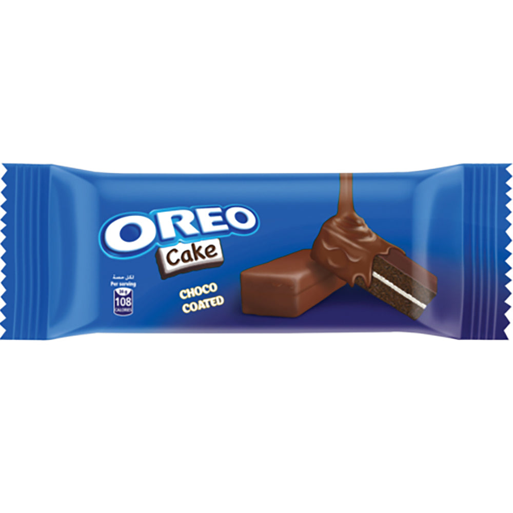 Front of Oreo Cake Choco Coated wrapper showing rich blue design with Oreo logo, chocolate-coated cake, and the 24g pack size.
