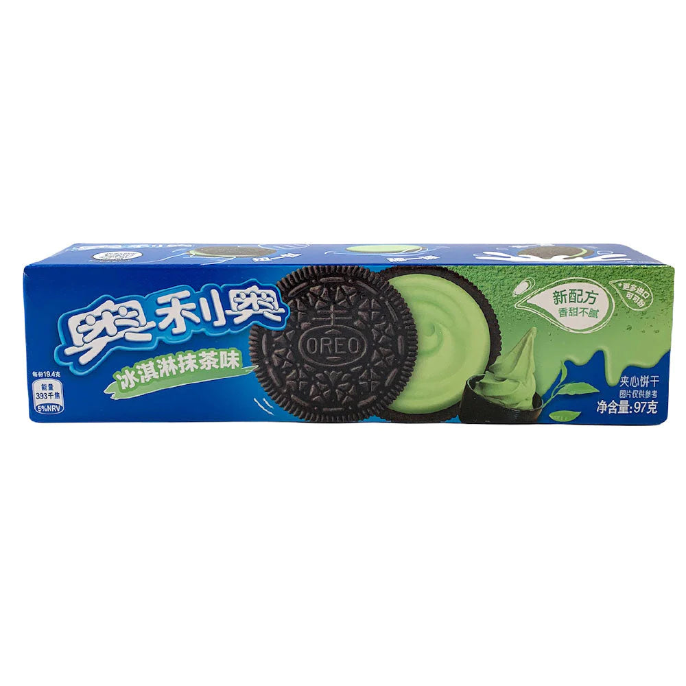 Front of Oreo Green Tea Cookies pack featuring Oreos with green tea filling and bold blue background (97g pack)