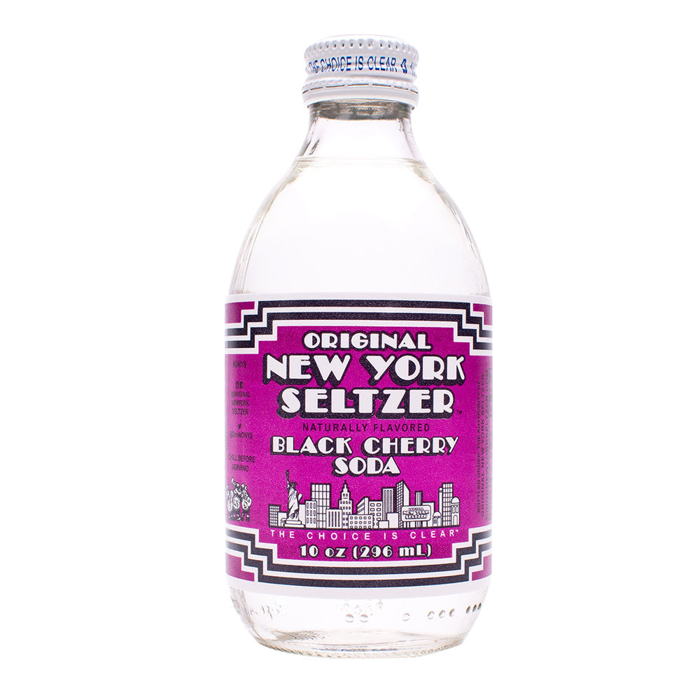 Front of Original New York Seltzer Black Cherry Soda bottle showing vibrant purple label, product name, and 296ml size