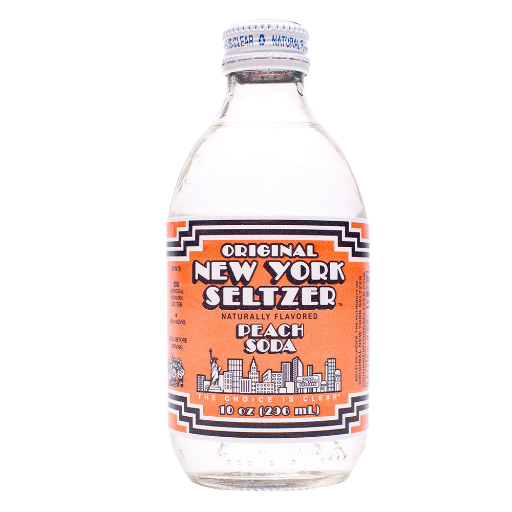 Front of Original New York Seltzer Peach Soda bottle showing logo, peach flavour label, and 296ml size.