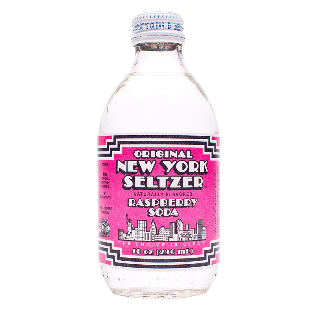 Front of Original New York Seltzer Raspberry Soda bottle featuring pink label with logo and naturally flavoured raspberry design (296ml)
