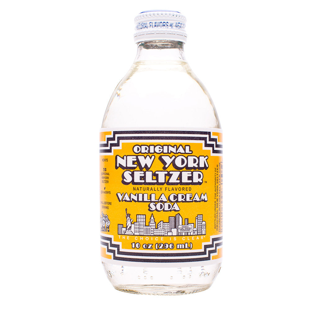 Front of Original New York Seltzer Vanilla Cream Soda bottle showing the logo, naturally flavoured label, and 296ml pack size.