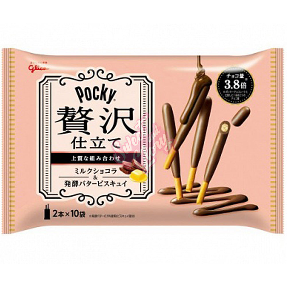 Front of Pocky Zeitaku Milk Chocolate & Butter packaging showing the logo, chocolate-covered biscuit sticks, and 120g pack size
