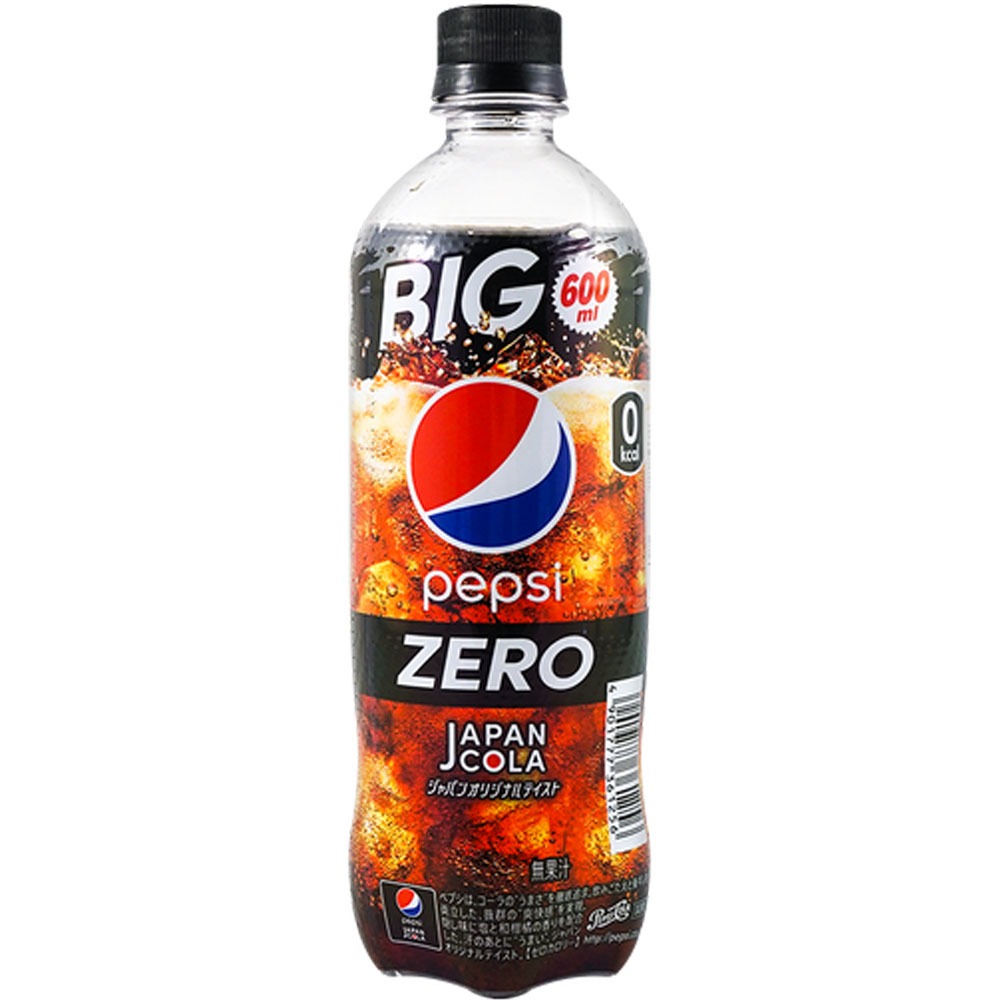 Front of Pepsi Japan Cola Zero bottle featuring the logo, bold flavours, and 600ml pack size