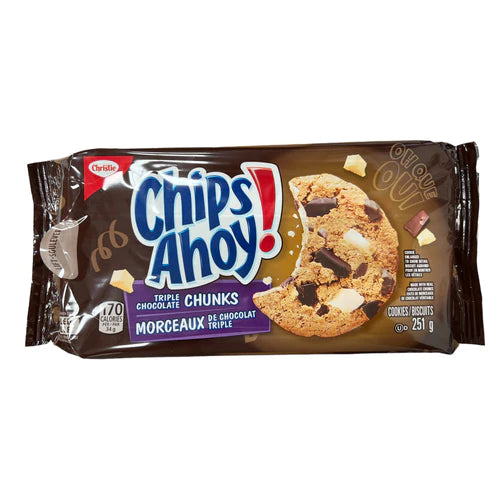 Front of Chips Ahoy! Triple Chocolate Chunky Cookies pack showing blue logo, triple chocolate chunks, and cookie image (251g pack)