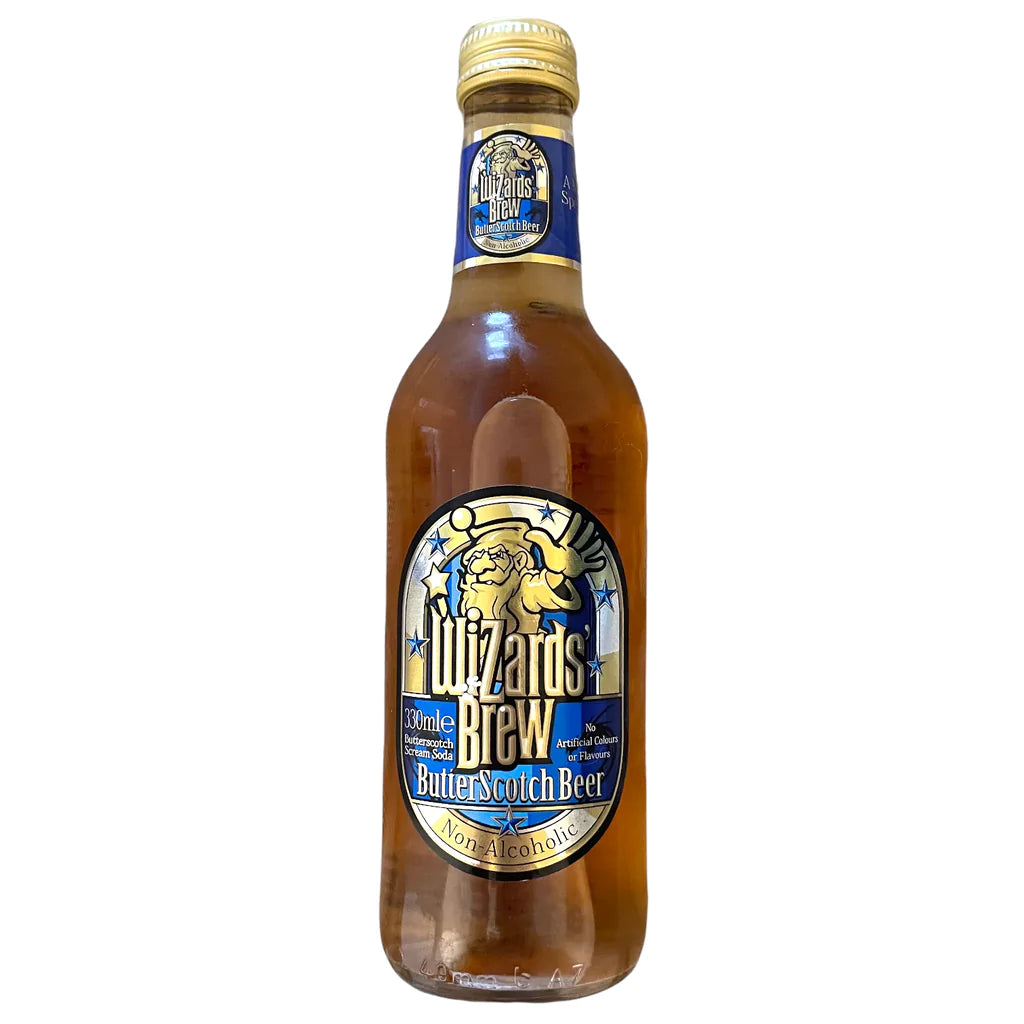 Front of Wizard's Brew Butterscotch Beer bottle showing logo, butterscotch flavour label, and 330ml size