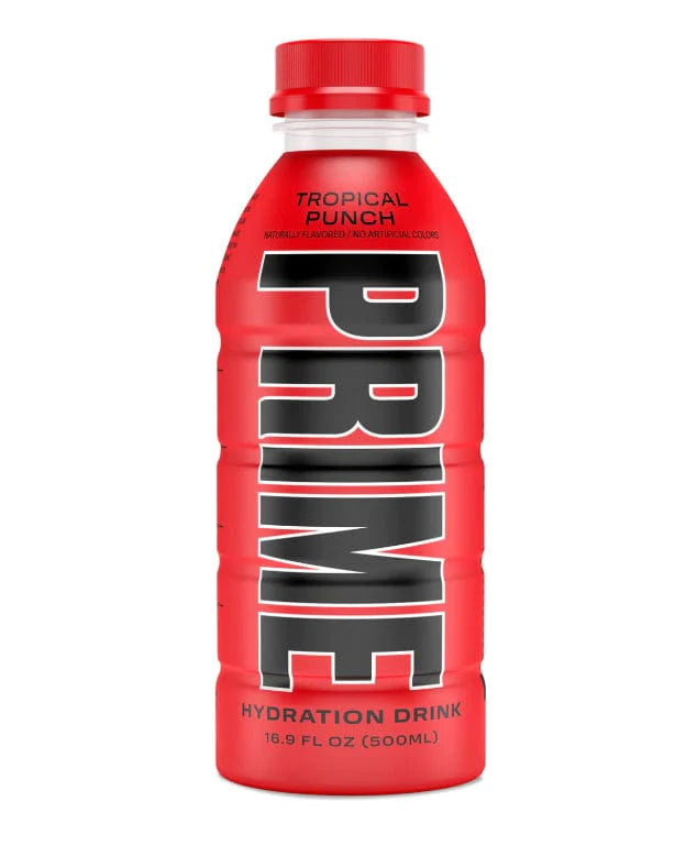 Front of Prime Hydration Tropical Punch bottle displaying bold logo, tropical flavour label, and 500ml size information.
