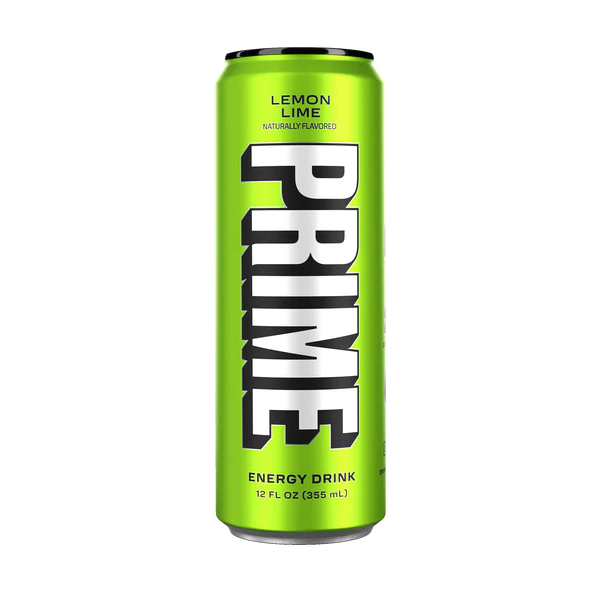 Front of a Prime Energy Lemon Lime can displaying the bold logo, lemon-lime flavour label, and pack size (355ml)