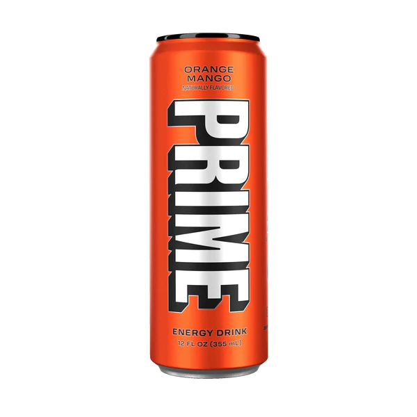 Front of Prime Energy Orange Mango can featuring bold black logo, vibrant orange and mango design, and showing 355ml pack size