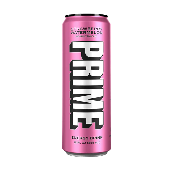 Front of Prime Energy Strawberry Watermelon can featuring bold logo, pink design, and 355ml volume displayed