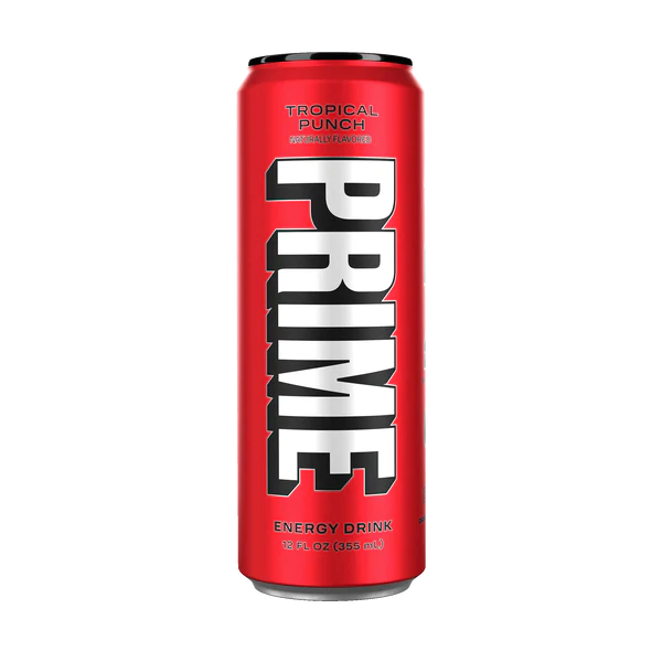 Front of Prime Energy Tropical Punch can showcasing bold logo, tropical punch flavour, and 355ml pack size.