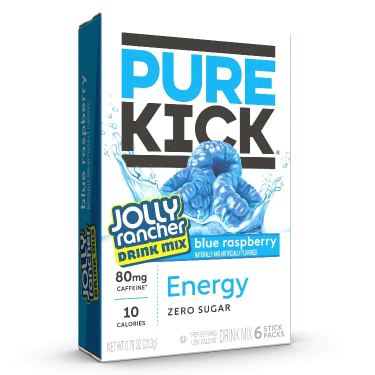 Front of Pure Kick Energy x Jolly Rancher Blue Raspberry drink mix pack showing the blue raspberry flavour, brand logo, and 22.3g pack size with drink mix details.