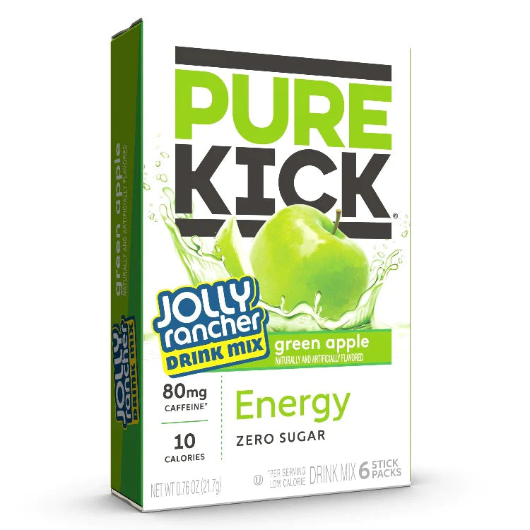 Front of Pure Kick Energy x Jolly Rancher Green Apple Singles to Go box showing bold green apple graphics, Jolly Rancher logo, and energy drink mix details (21.7g)