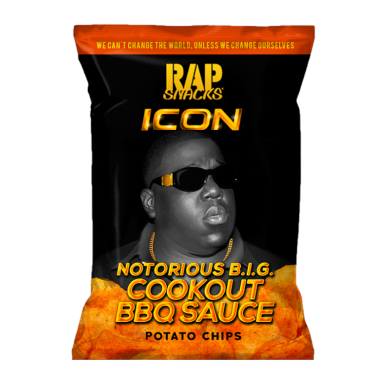 Front of Rap Snacks Icon Notorious B.I.G. Cookout BBQ Potato Chips bag featuring the logo, bold BBQ sauce label, and image of the iconic artist (78g pack)