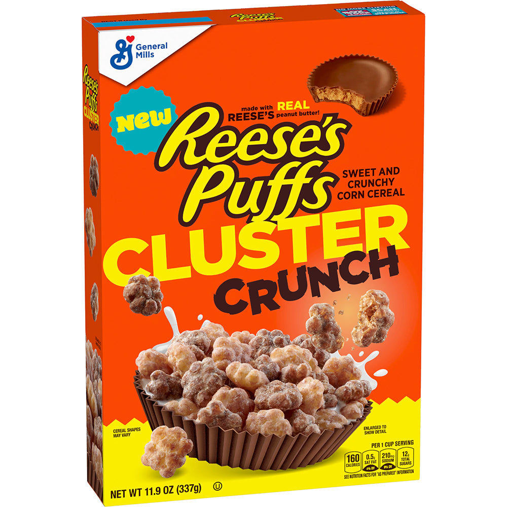 Front of Reese's Puffs Cluster Crunch Cereal box showing bright orange packaging, sweet and crunchy corn cereal description, and an image of the cereal (337g).