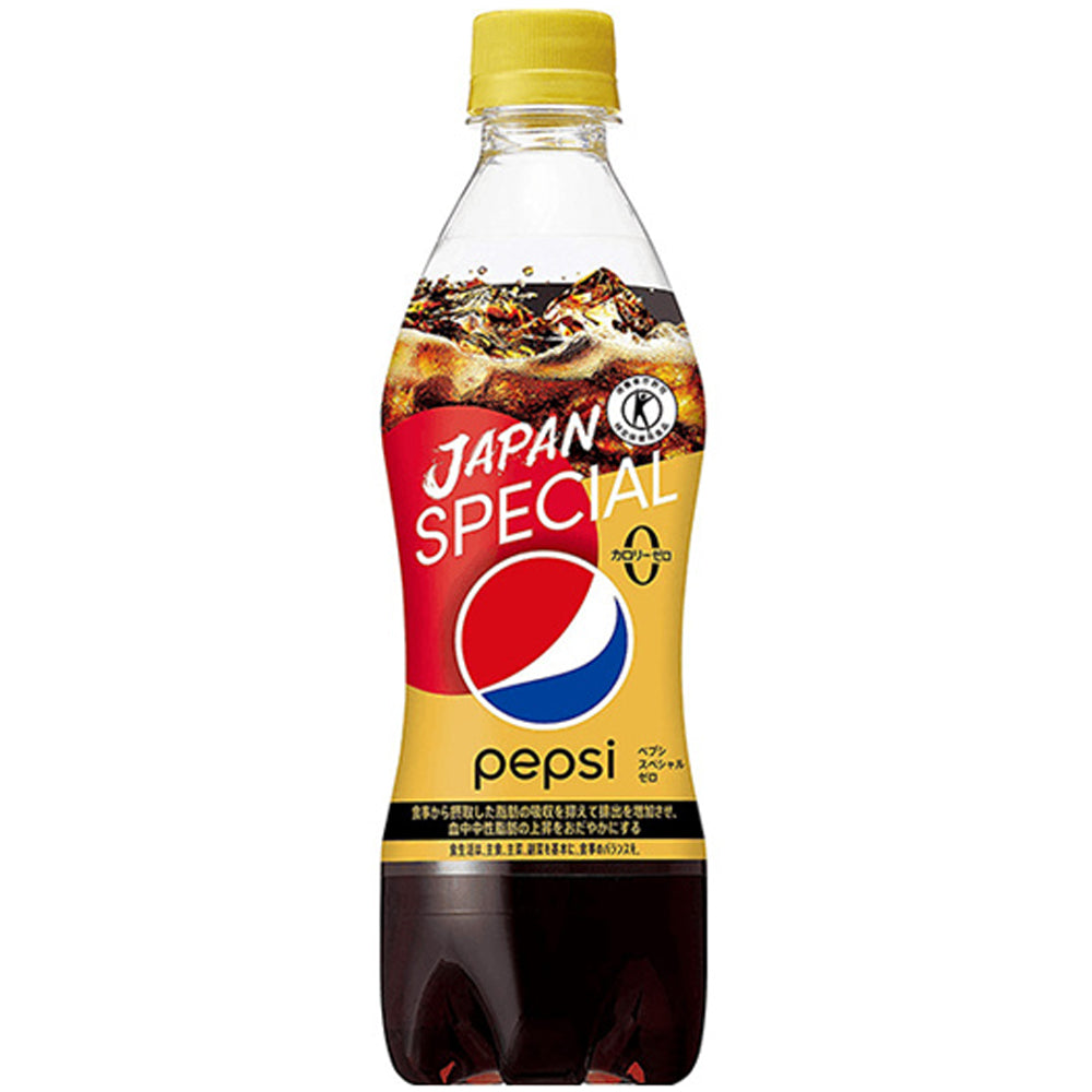 Front of Pepsi Japan Special 490ml bottle showing bold red and yellow label with Pepsi logo and text ‘JAPAN SPECIAL’.