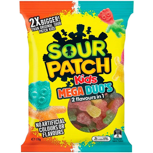 Front of Sour Patch Kids Mega Duo bag showing the bright logo, two flavours in one, and colourful gummy candy pieces (170g pack)