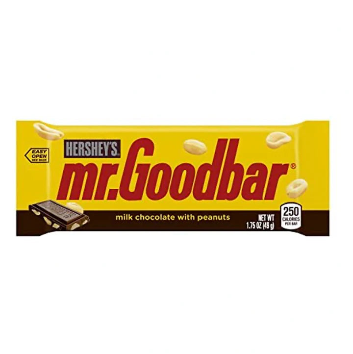 Front of Hershey's Mr Goodbar bar showing yellow packaging with red logo and text, indicating milk chocolate with peanuts (48g)