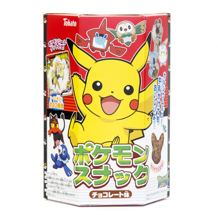 Front of Tohato Pokemon Chocolate Flavoured Puffs bag featuring Pikachu and other Pokemon characters, with chocolate flavour text, and 23g pack size.