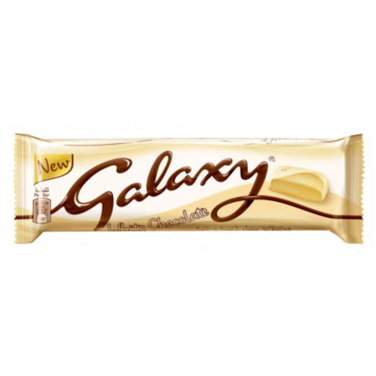 Front of Galaxy White chocolate bar showing logo, creamy white chocolate packaging, and 36g pack size