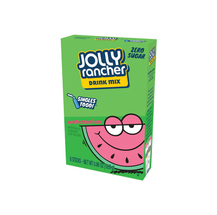 Front of Jolly Rancher Watermelon Singles to Go box featuring bright green packaging, watermelon flavour label, and zero sugar claim (6 pack, 18.8g)