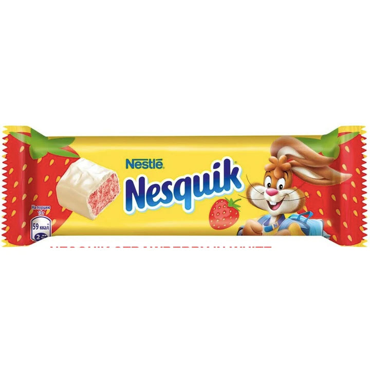 Front of Nesquik White Chocolate and Strawberry bar showing brand logo, vibrant strawberry graphics, and creamy white chocolate (26g pack)