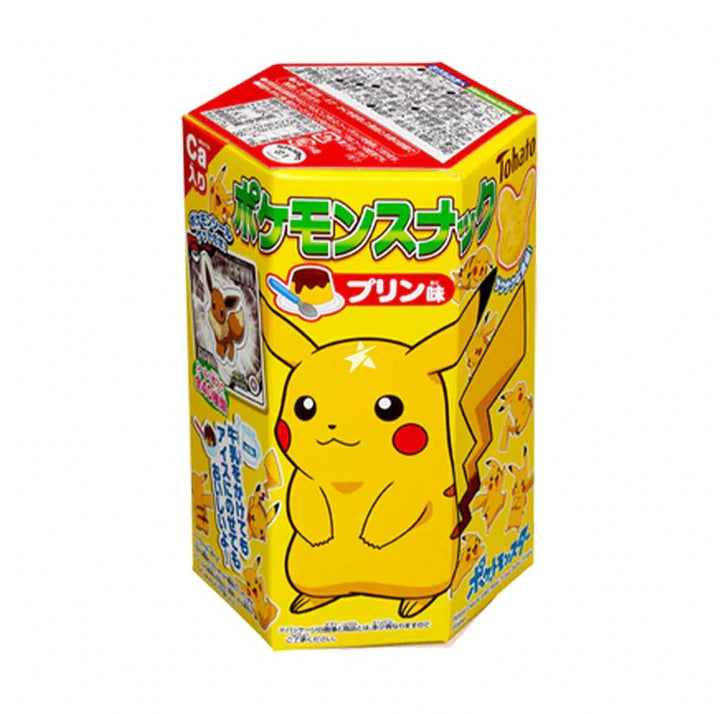 Front of Tohato Pokemon Pudding Flavoured Puffs pack featuring Pikachu and pudding flavour label, 23g size.