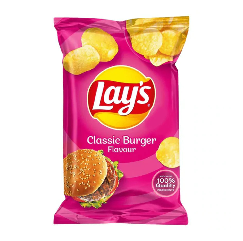 Front of Lay's Classic Burger bag featuring the logo, classic burger flavour image, and colourful design (175g pack)