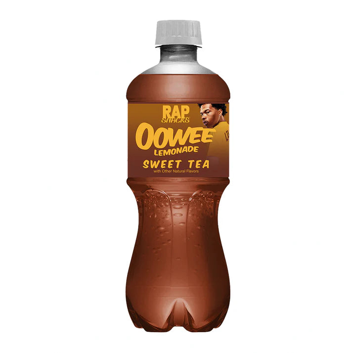 Front of Rap Snacks Lemonade Sweet Tea bottle showing the logo, Oowee Lemonade flavour, and 591ml size.