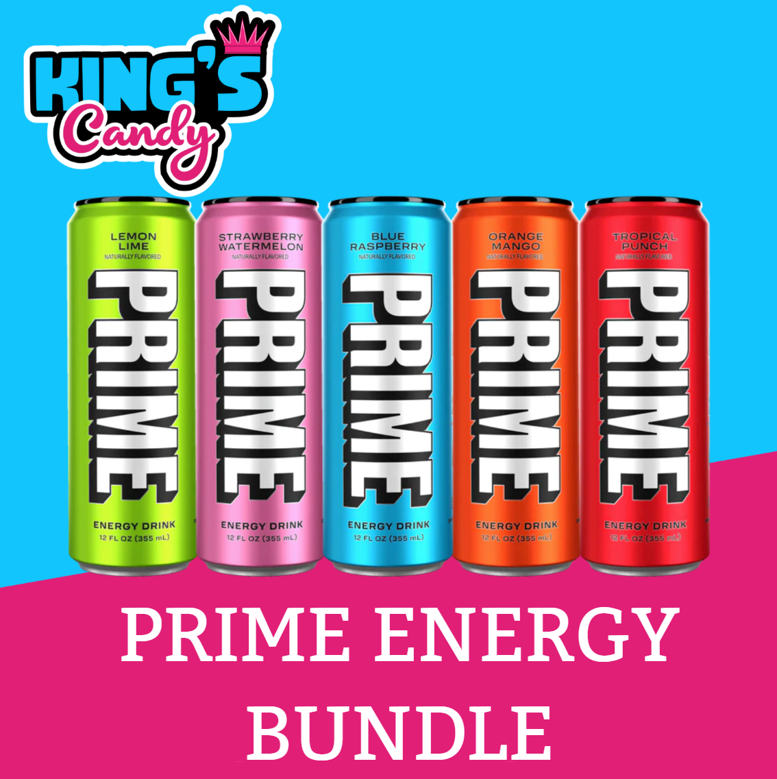 Front of Prime Energy Bundle featuring five vibrant cans in Lemon Lime, Strawberry Watermelon, Blue Raspberry, Orange Mango, and Tropical Punch (5 x 355ml)
