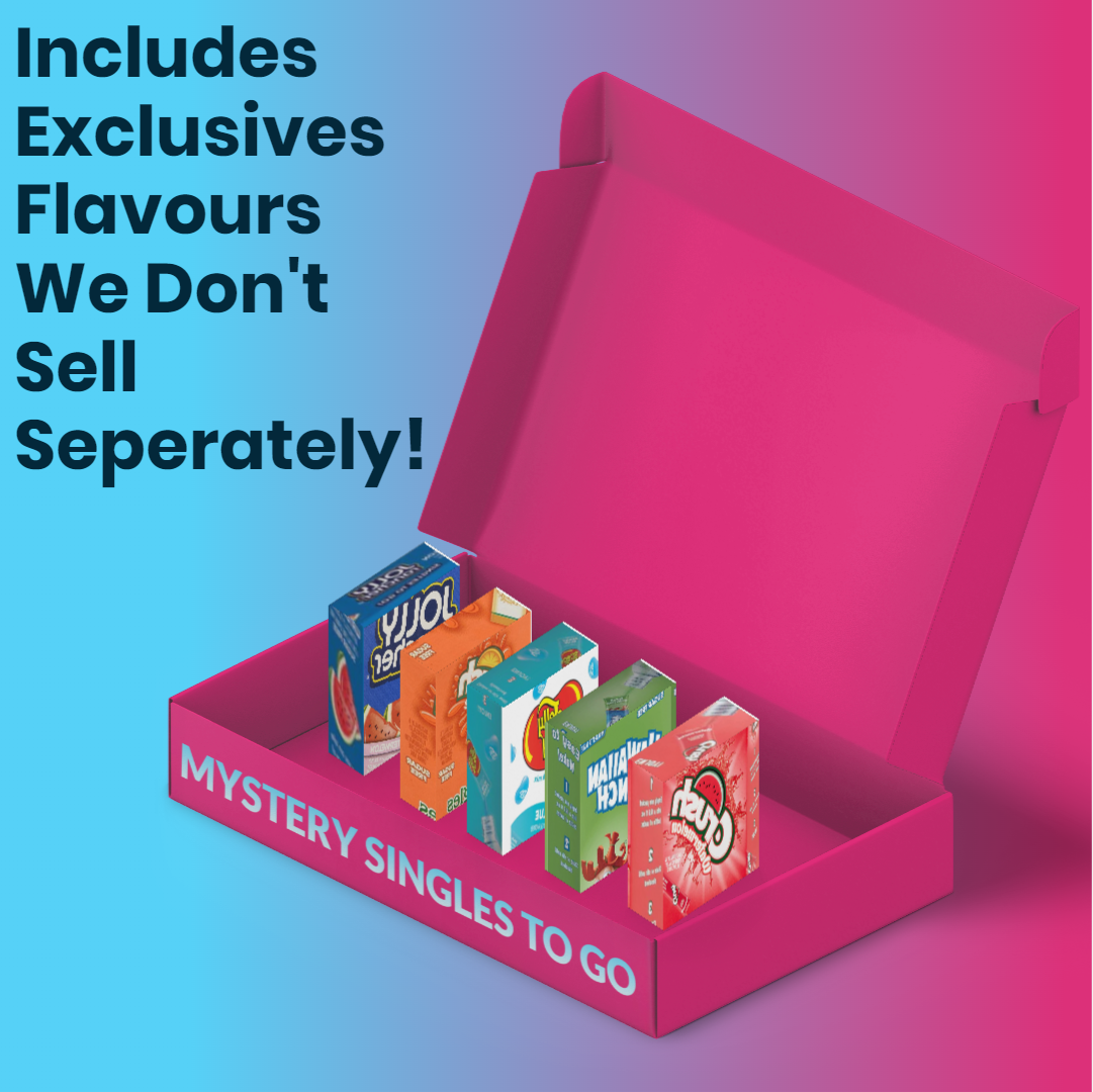 Front of Mystery Singles to Go pack showcasing colourful boxes of exclusive flavours in a pink box with bold white text.