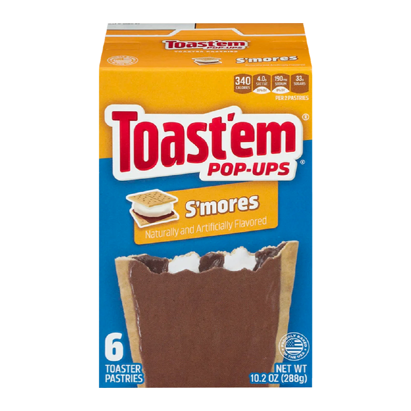 Front of Toast'em Pop Ups Frosted S'mores Toaster Pastries box showing brand logo, s'mores flavour detail, and pack size (288g)