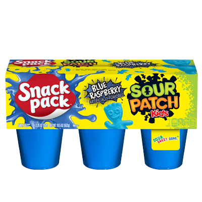 Front of Snack Pack Sour Patch Kids Blue Raspberry Juicy Gels pack showing bright blue and yellow packaging with the product name and six gel cups (552g pack)