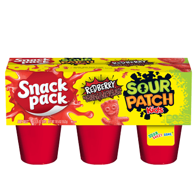 Front of Snack Pack Sour Patch Kids Redberry Juicy Gels showing bright packaging with redberry flavour label and 6 cups of gel (552g pack)
