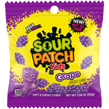 Front of Sour Patch Kids Grape bag showing bright purple packaging, logo, grape-flavoured candy pieces, and 102g pack weight.