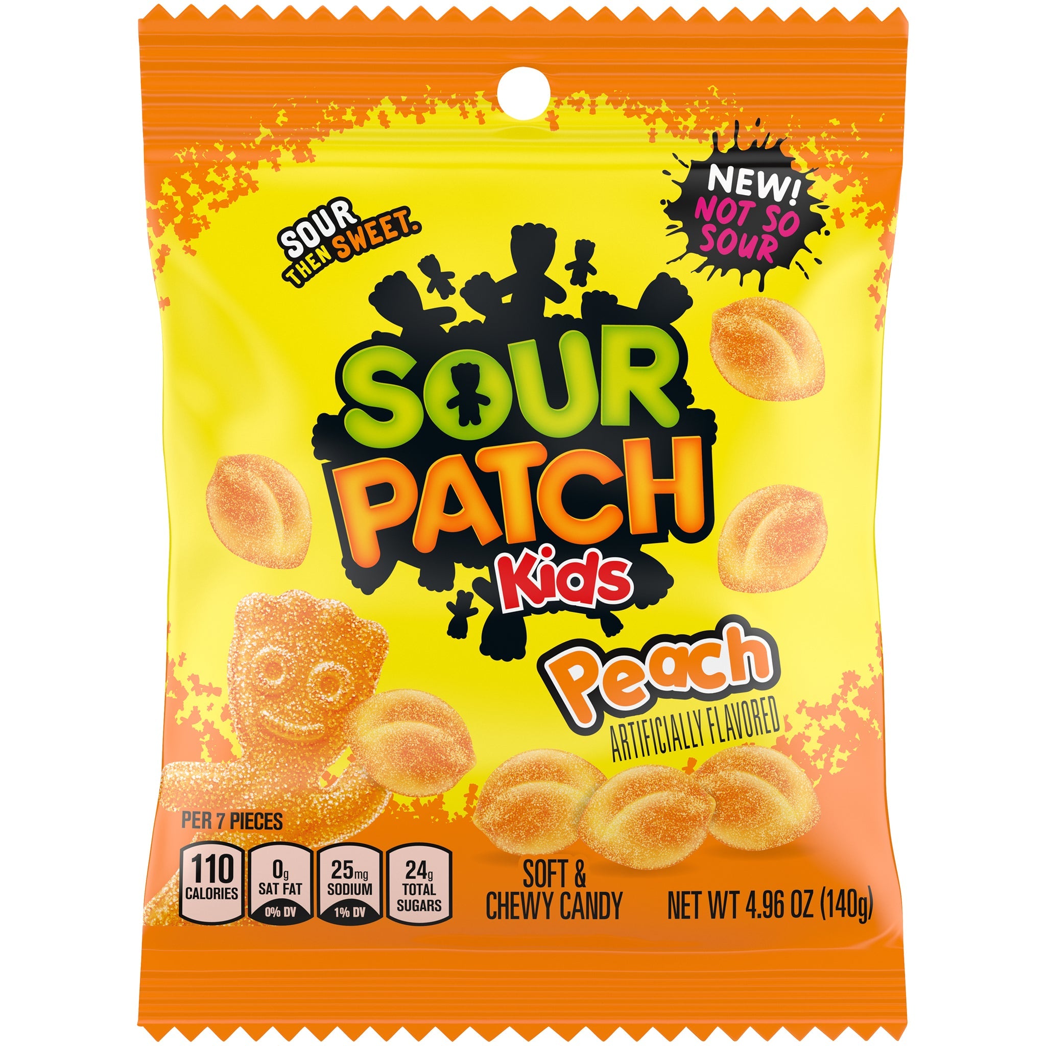 Front of Sour Patch Kids Peach bag showing vibrant yellow and orange colours, featuring the logo and soft chewy peach-shaped candies (141g pack)