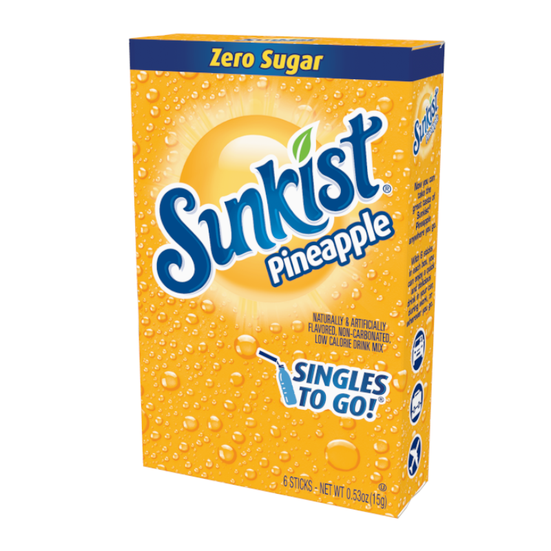 Front of Sunkist Pineapple Singles to Go box showing logo, pineapple flavour label, and image of drink mix sticks (16.5g pack)
