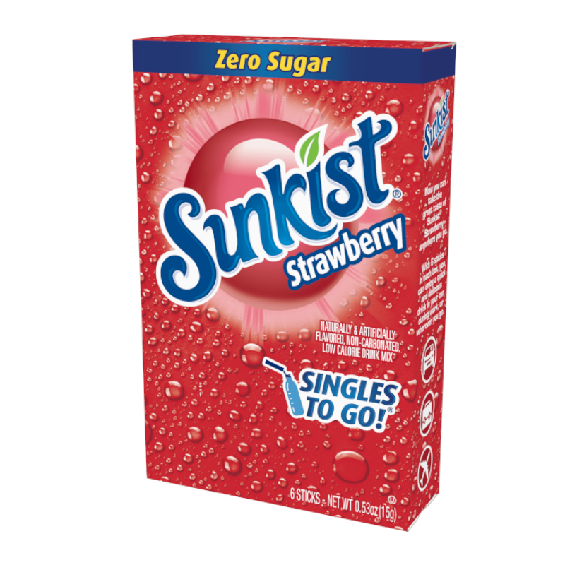 Front of Sunkist Strawberry Singles to Go pack showing bold logo, strawberry flavour label, and details of 6 sticks (16.5g) in a colourful design
