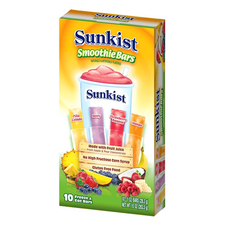 Front of Sunkist Smoothie Freezer Bars box showing colourful bar flavours, brand logo, and pack size (10 bars, 280g)