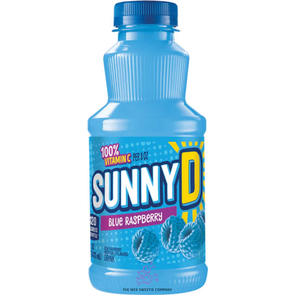 Front of Sunny D Blue Raspberry bottle showing vibrant blue drink, bold logo, and flavour details (473ml pack)