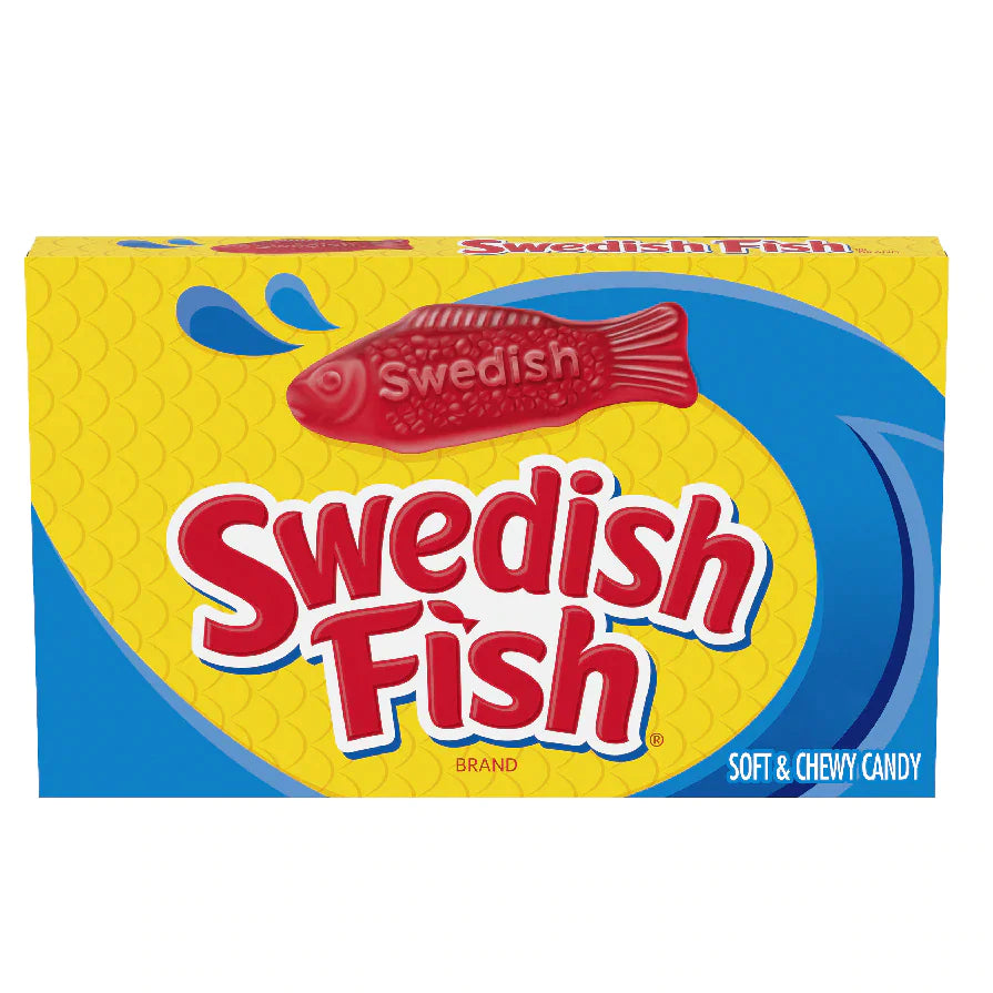 Front of Swedish Fish Red Theatre Box showing the logo, red fish-shaped candy, and vibrant packaging (87g box)