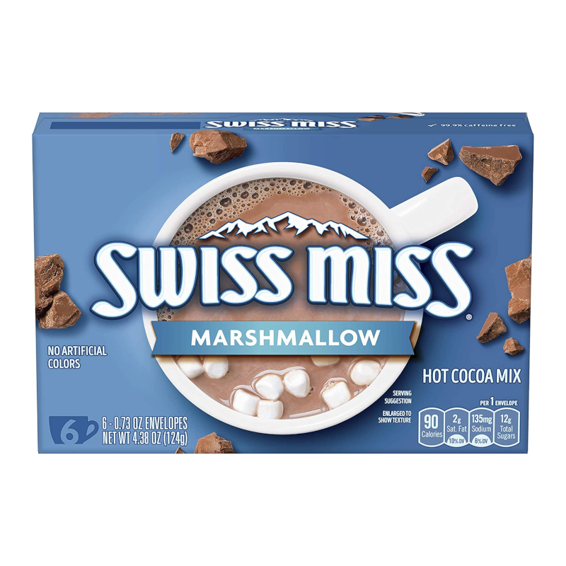 Front of Swiss Miss with Marshmallow Hot Cocoa Mix box featuring bold blue logo, marshmallow illustration, and hot cocoa image (124g pack)
