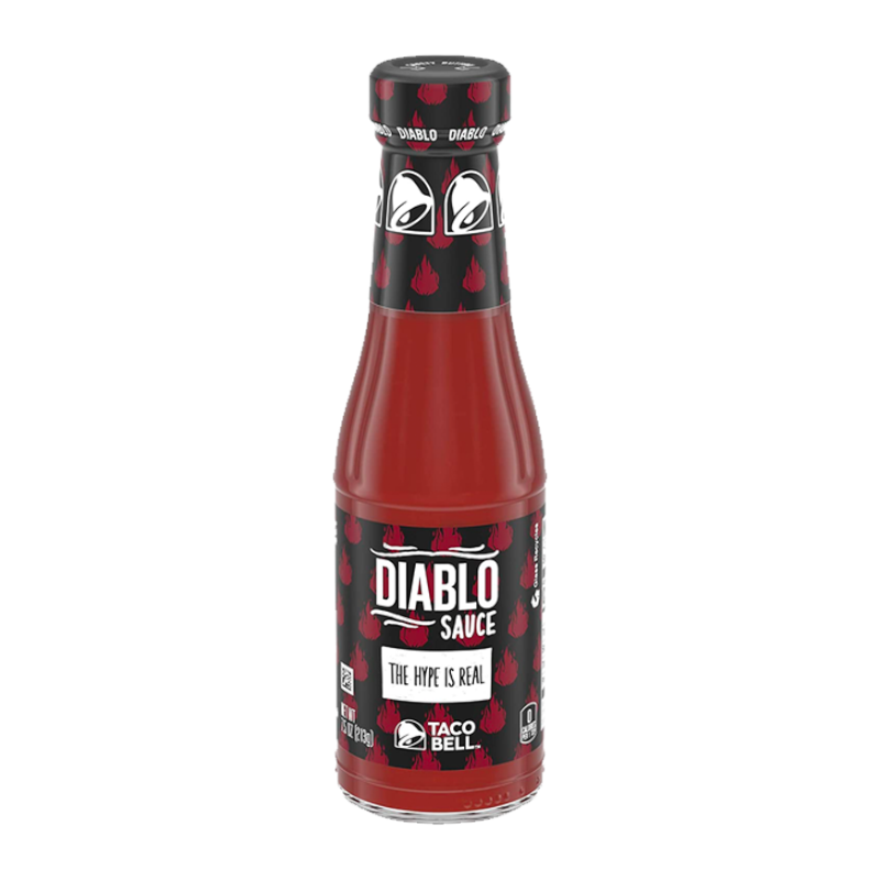 Front of Taco Bell Diablo Sauce bottle displaying logo, product name, and fiery design (213g pack)