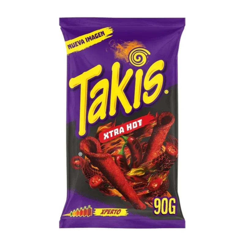 Front of Takis Xtra Hot Rolled Tortilla Corn Chips bag showing vibrant purple packaging, logo, fiery design, and 90g weight