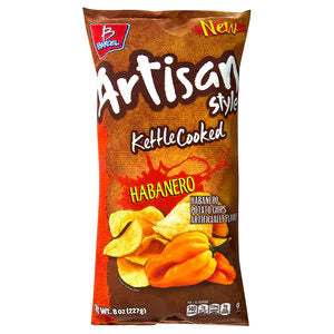 Front of a brown bag of Takis Habanero Kettle Cooked Potato Chips with logo and vibrant images of habanero peppers (227g pack)